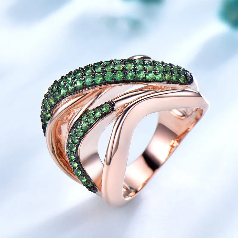 Emerald Green Rose Gold Plated Wave Ring