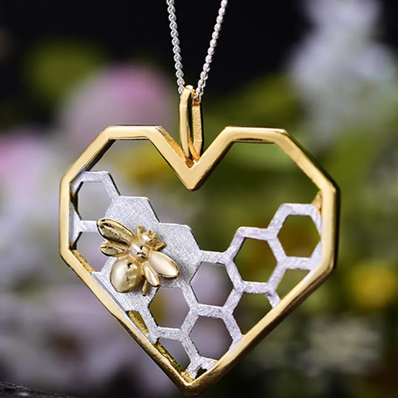 Honeycomb Heart Bee Pendant Necklace