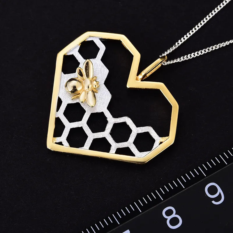 Honeycomb Heart Bee Pendant Necklace