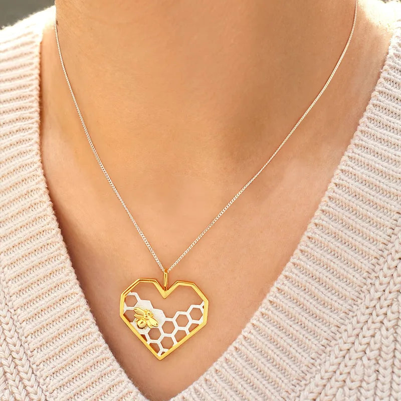 Honeycomb Heart Bee Pendant Necklace