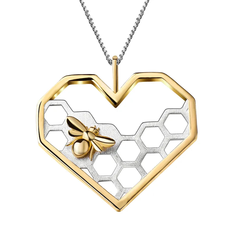 Honeycomb Heart Bee Pendant Necklace
