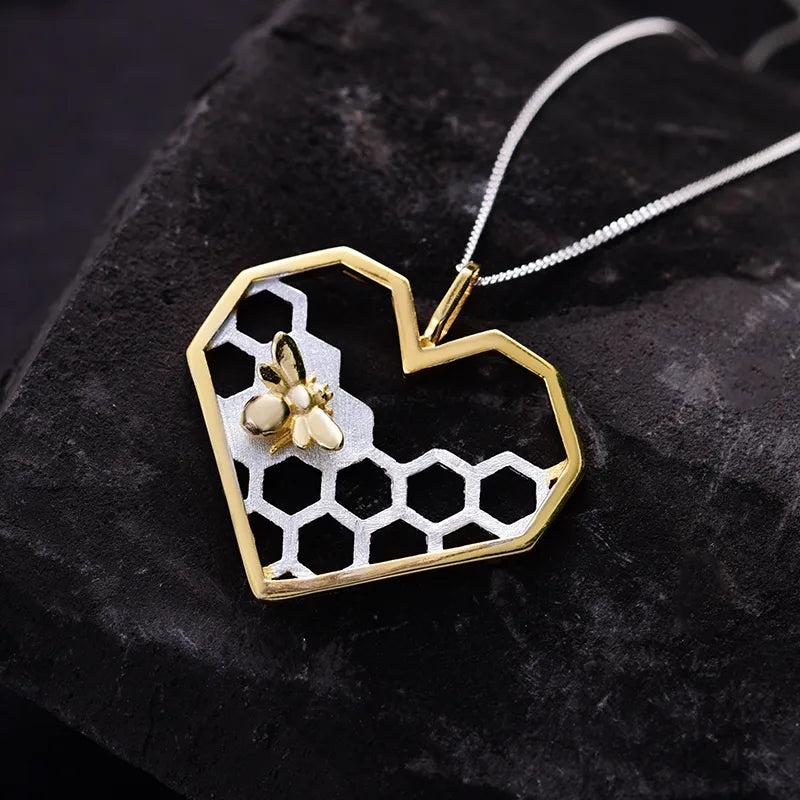 Honeycomb Heart Bee Pendant Necklace