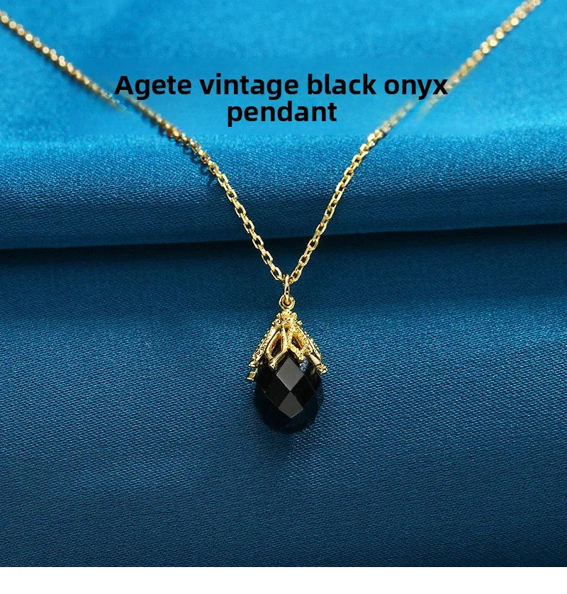 Black Agate Drop Pendant Necklace