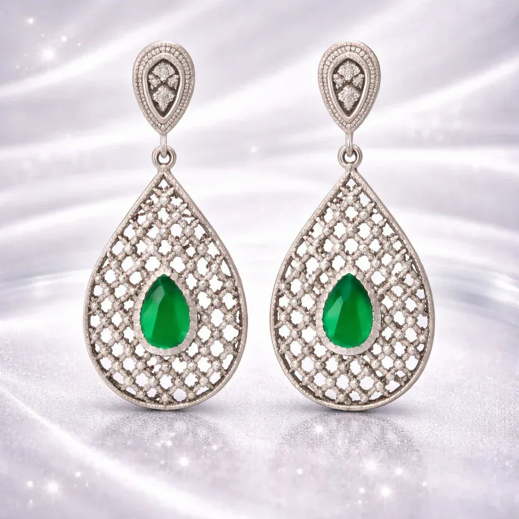 Green Teardrop Stone Chandbali Earrings - Miora