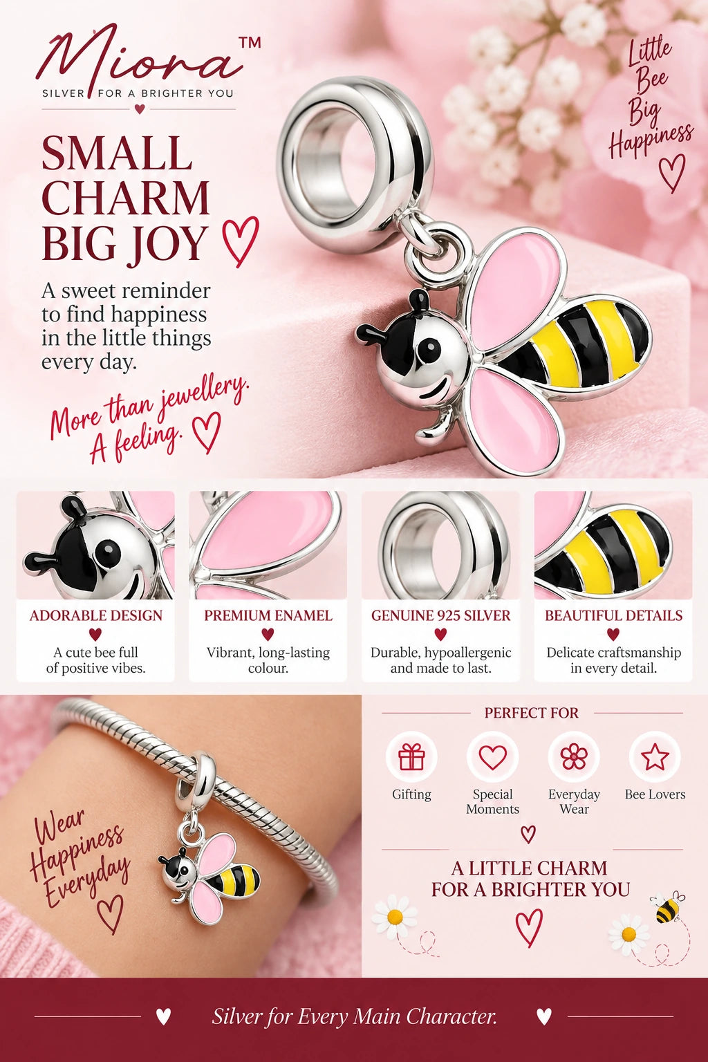 MIORA 925 Sterling Silver Bee Charm