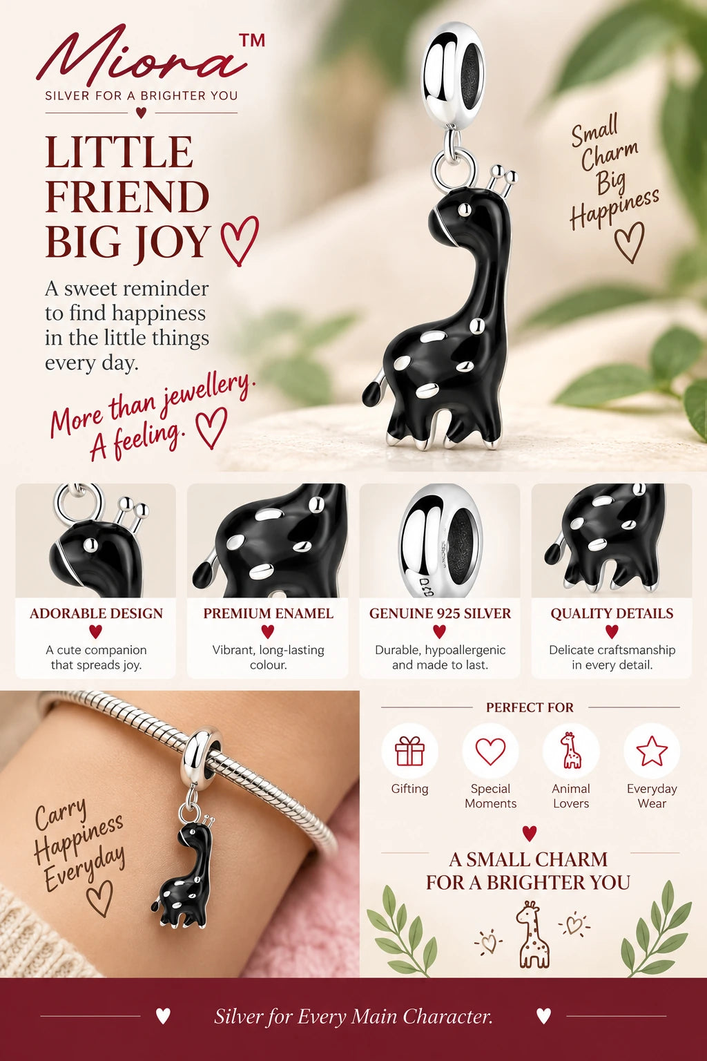 MIORA 925 Sterling Silver Black Giraffe Charm