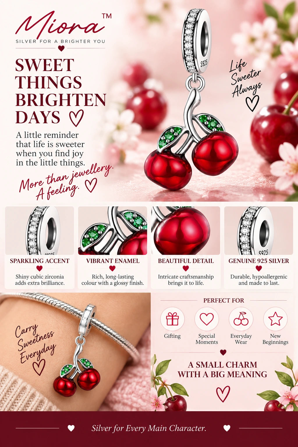 MIORA 925 Sterling Silver Cherry Zirconia Charm