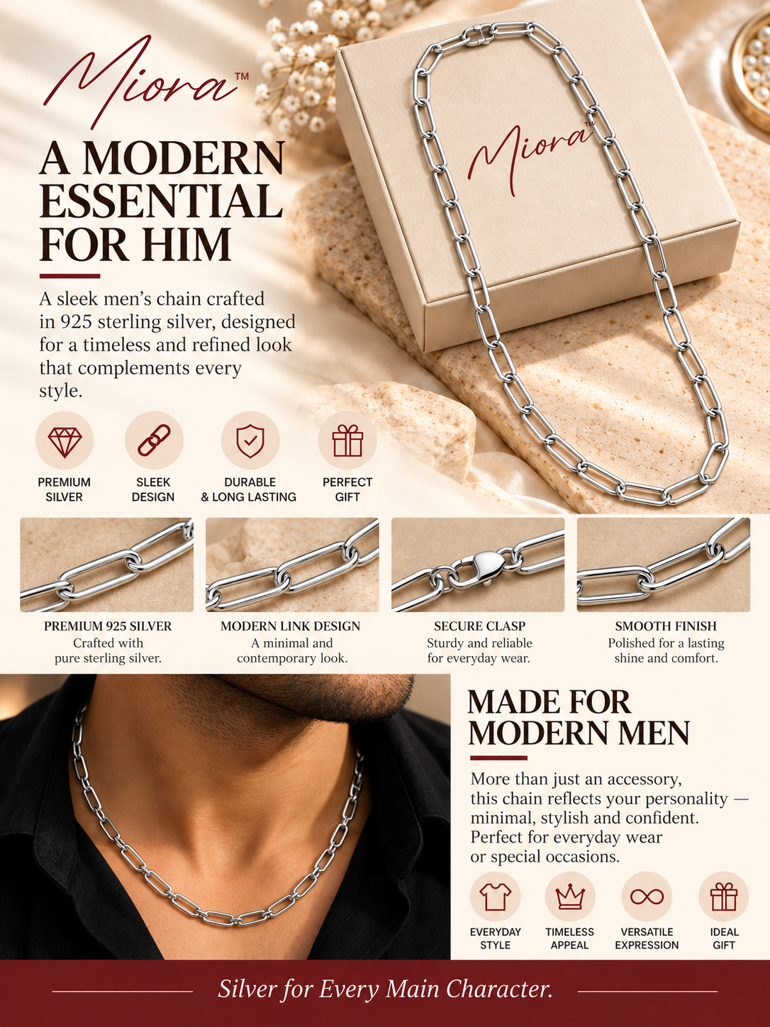MIORA 925 Sterling Silver Elongated Link Chain