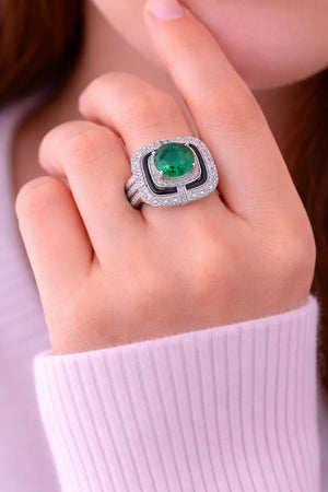 MIORA 925 Sterling Silver Emerald-Enamel Zirconia Ring - image 2