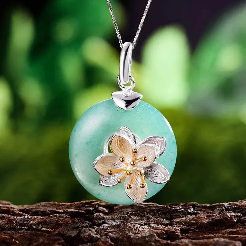 MIORA 925 Sterling Silver Floral Jade Necklace