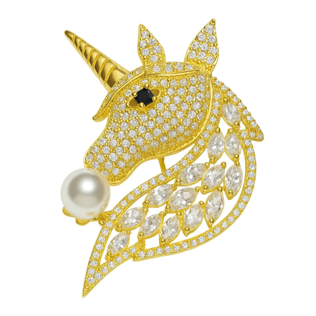 MIORA 925 Sterling Silver Golden-Unicorn Zirconia Brooch