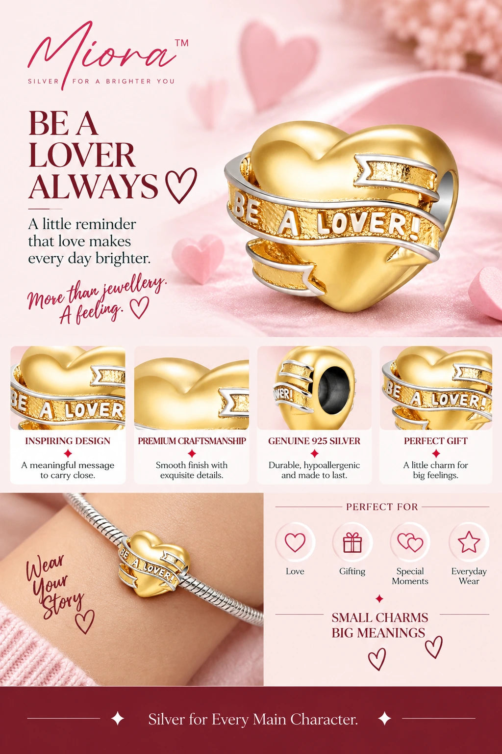 MIORA 925 Sterling Silver Heart Ribbon Bead