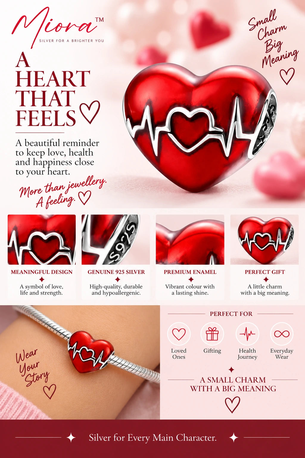 MIORA 925 Sterling Silver Heartbeat Bead
