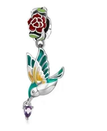 MIORA 925 Sterling Silver Hummingbird Rose Charm