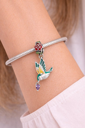 MIORA 925 Sterling Silver Hummingbird Rose Charm