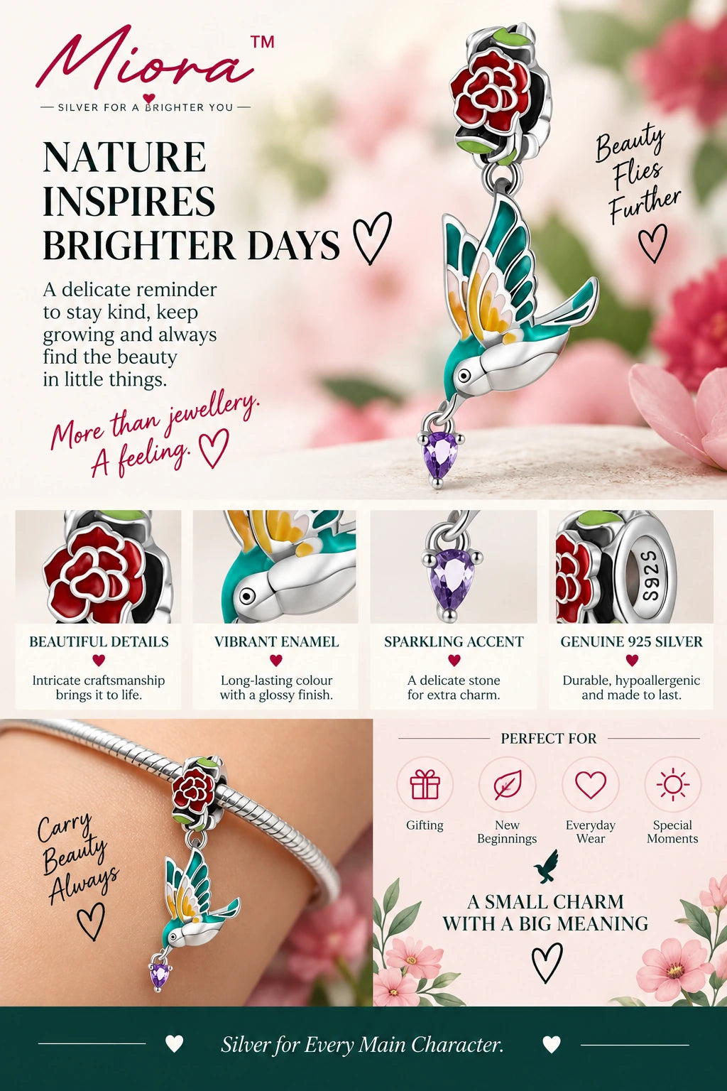 MIORA 925 Sterling Silver Hummingbird Rose Charm