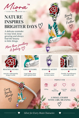 MIORA 925 Sterling Silver Hummingbird Rose Charm