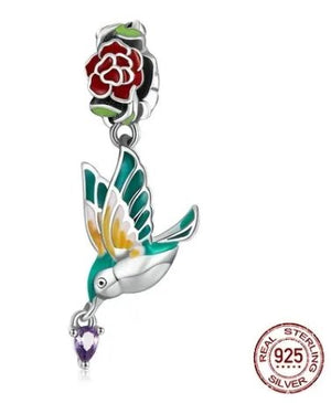 MIORA 925 Sterling Silver Hummingbird Rose Charm