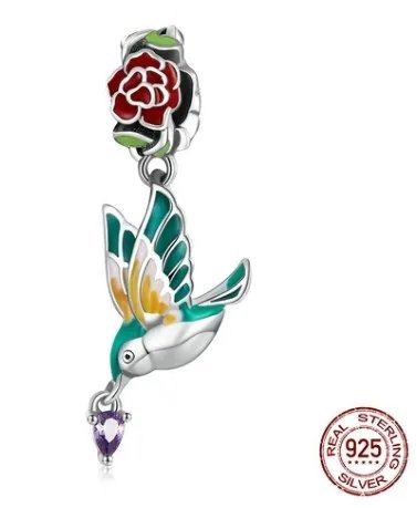MIORA 925 Sterling Silver Hummingbird Rose Charm