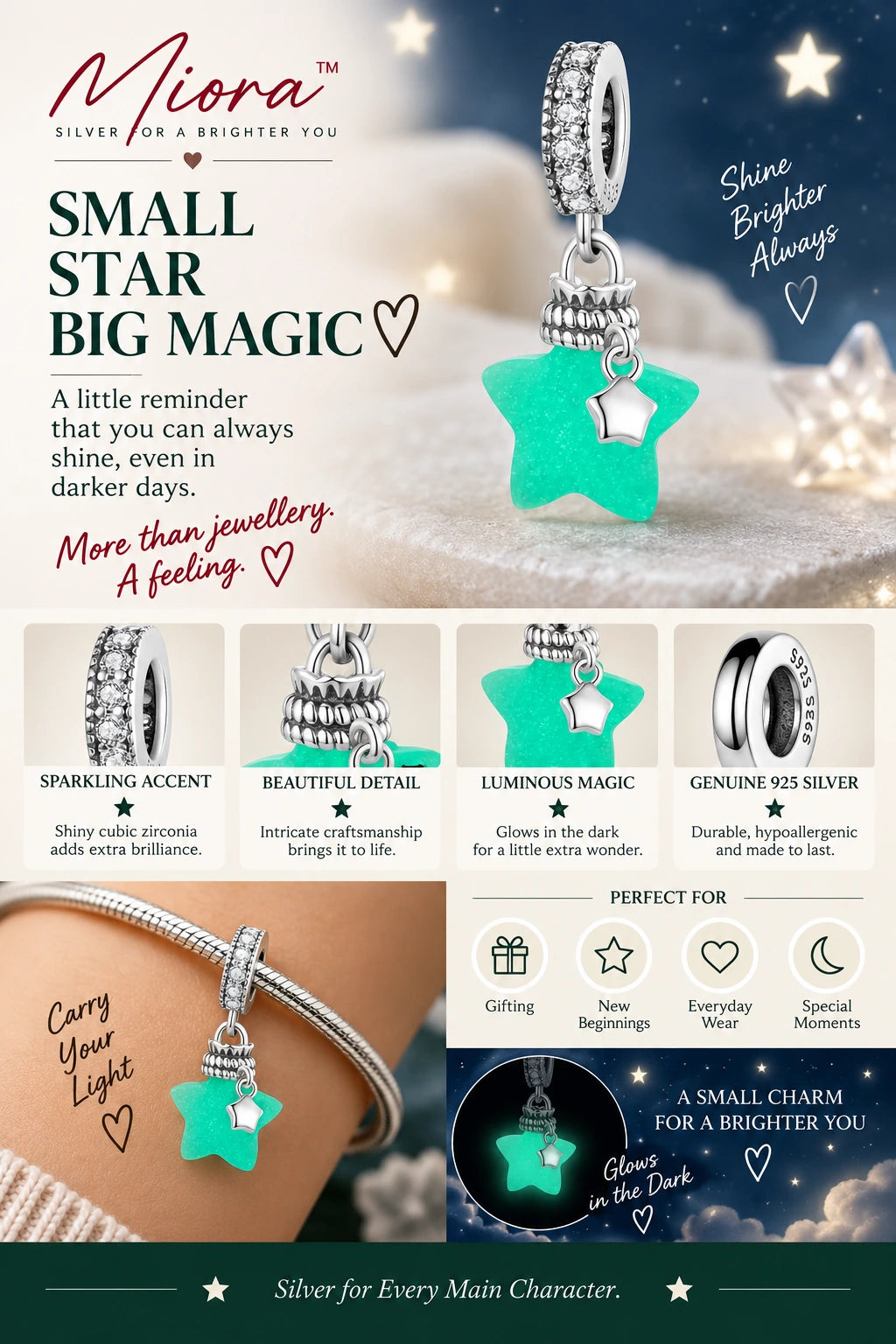 MIORA 925 Sterling Silver Luminous Star Charm