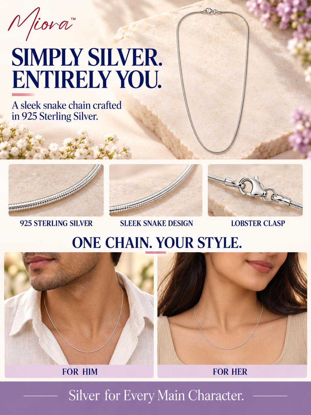MIORA 925 Sterling Silver Serpent Chain