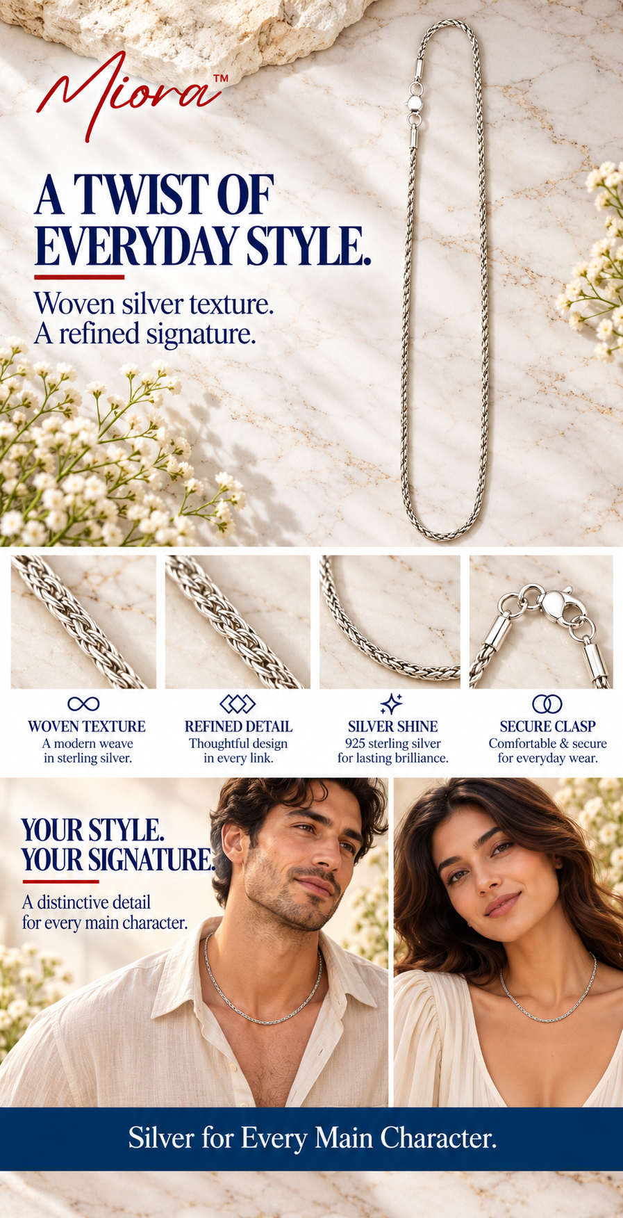 MIORA 925 Sterling Silver Twisted Rope Chain