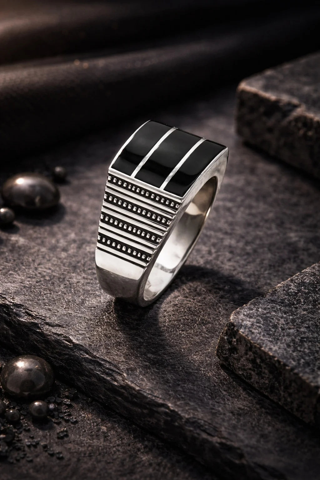 Black Onyx Mens Ring | Bold Rectangular Design with Textured Detailing
