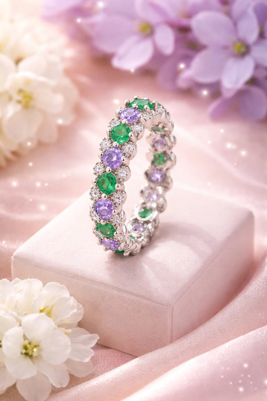 Emerald & Amethyst Sterling Silver Eternity Band Gemstones
