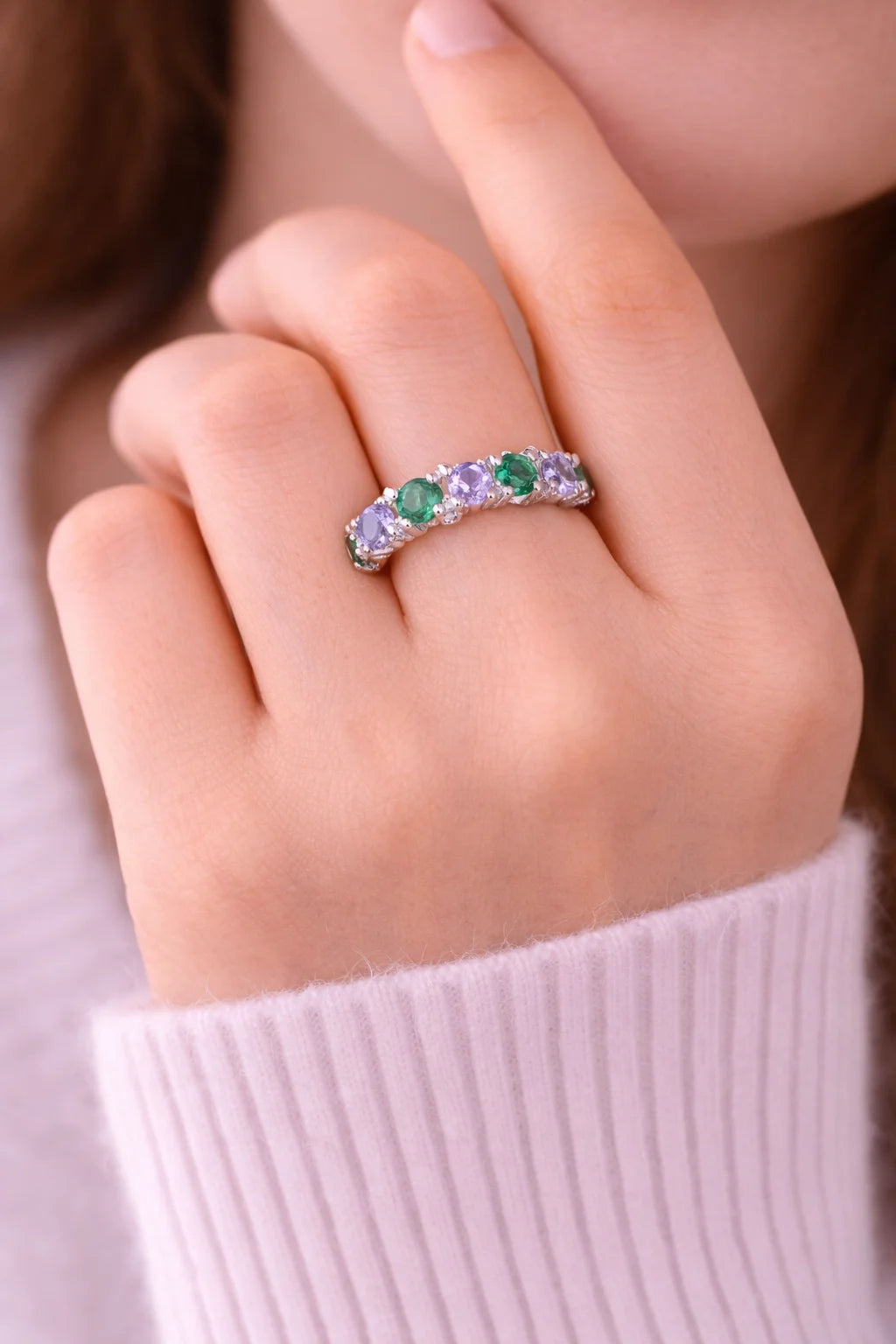 Emerald & Amethyst Sterling Silver Eternity Band Gemstones