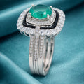 Women Elegant Emerald Green Stone Ring with Black Enamel & CZ