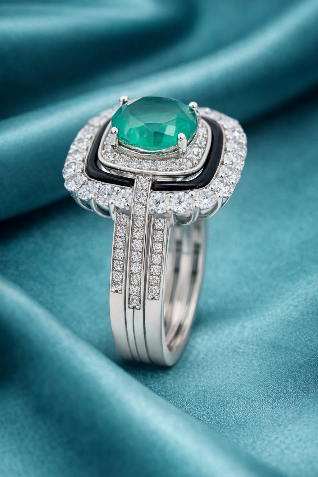 Women Elegant Emerald Green Stone Ring with Black Enamel & CZ