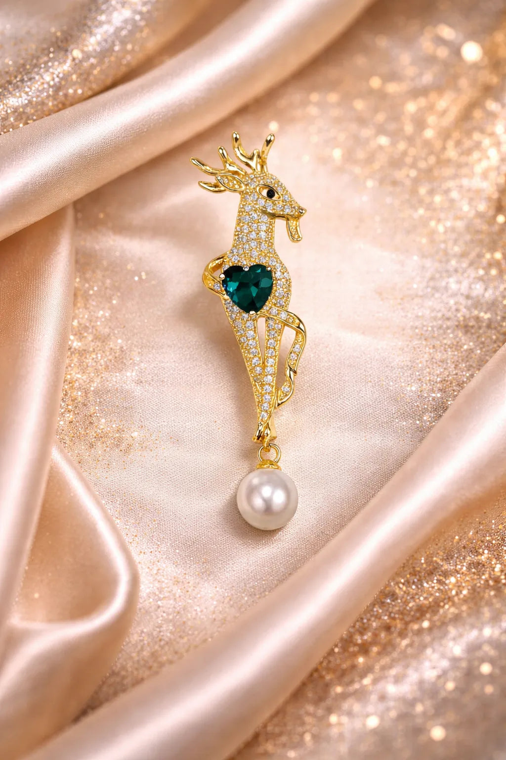Emerald Heart Deer Brooch