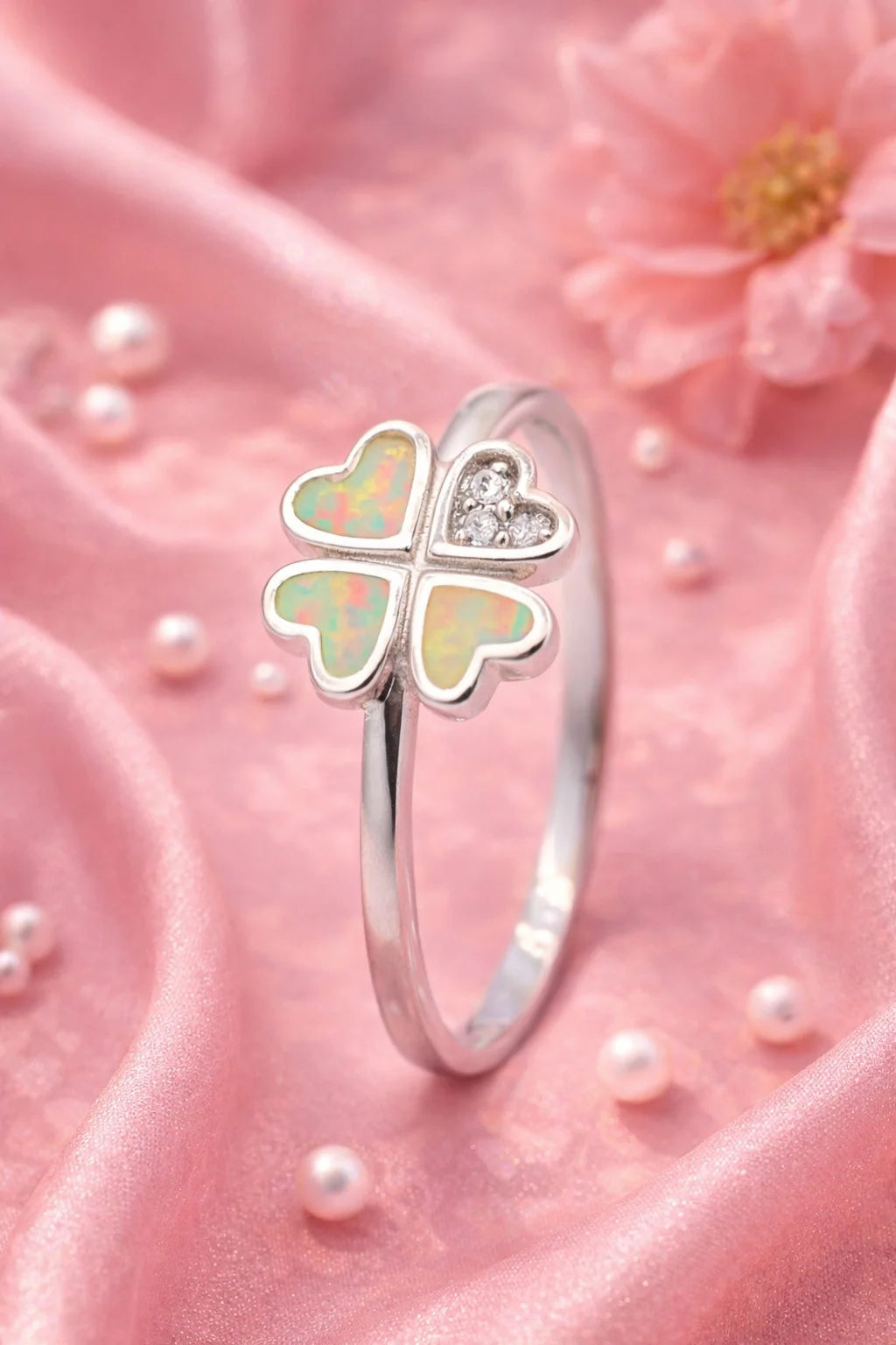 Four-Leaf Clover Ring | Opal Hearts & Swiss Zirconia