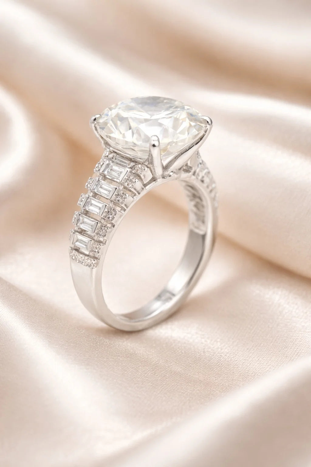 Grand Solitaire Cocktail Ring | Round & Baguette Swiss Zirconia