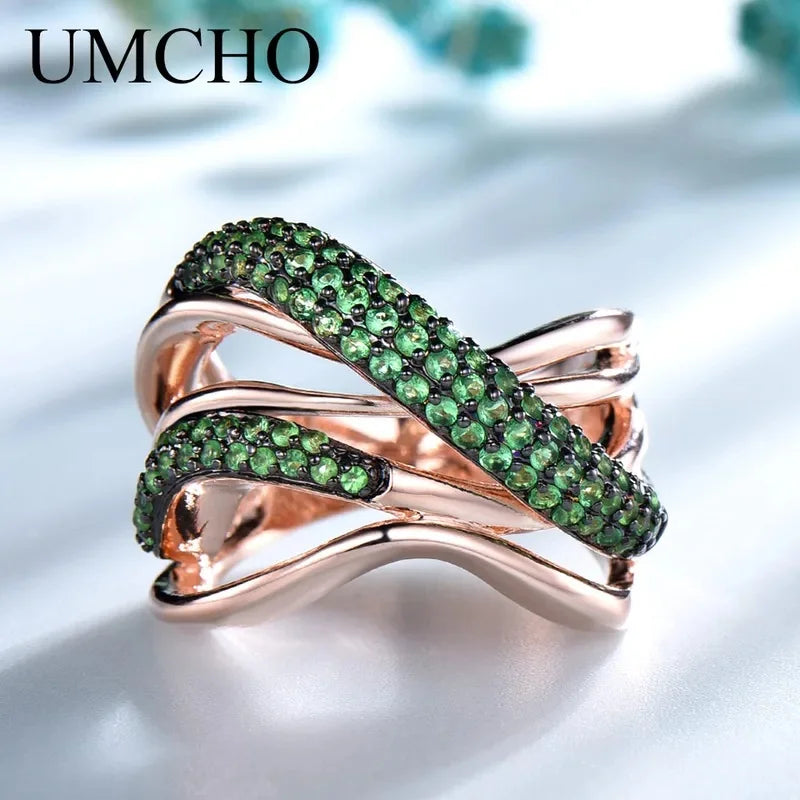 Emerald Green Rose Gold Plated Wave Ring
