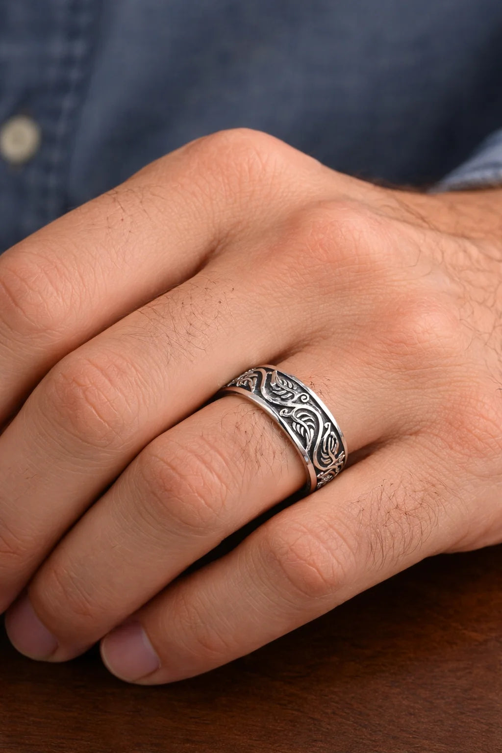Oxidised Leaf Engraved Band Ring