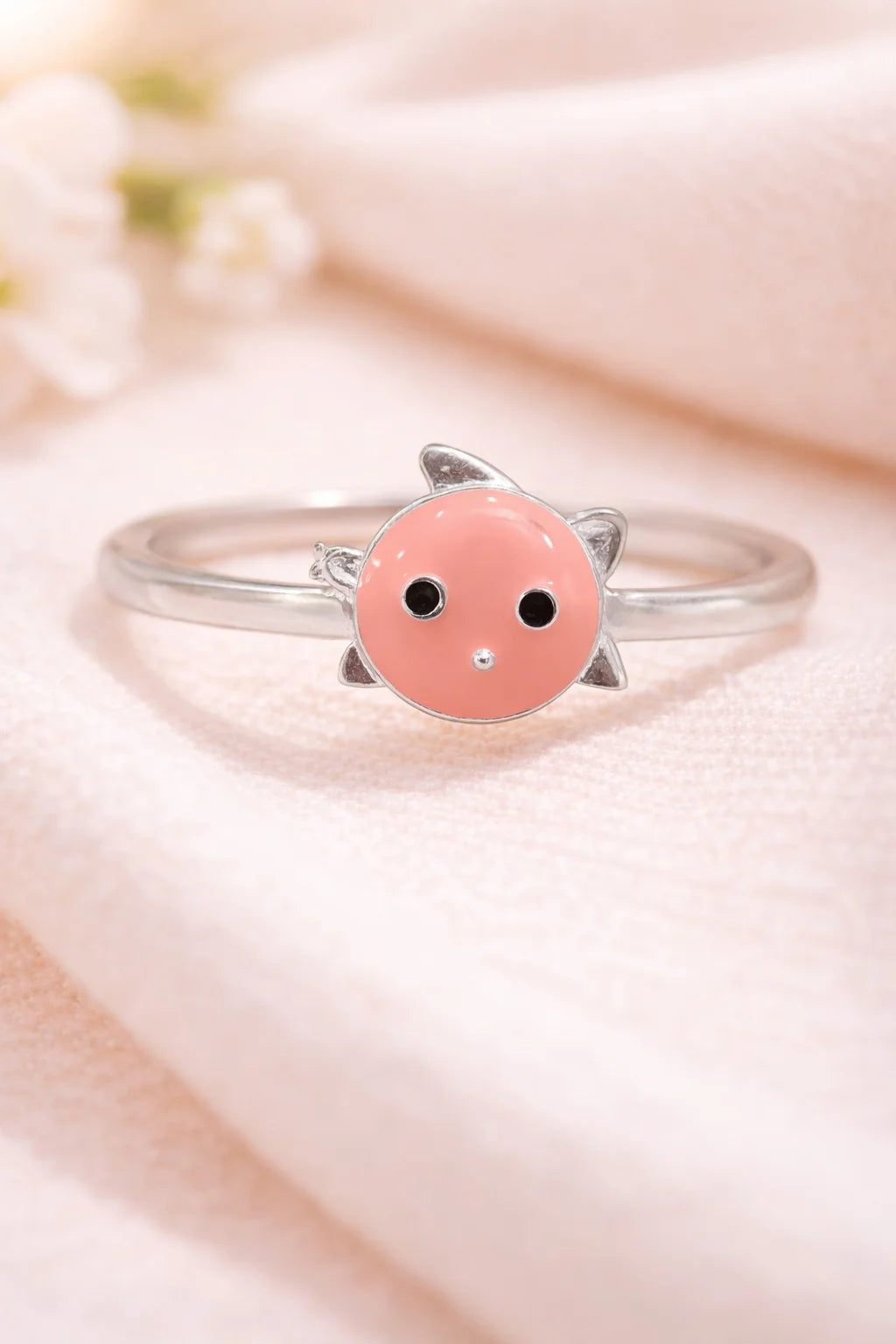 Pink Kitty Face Enamel Ring