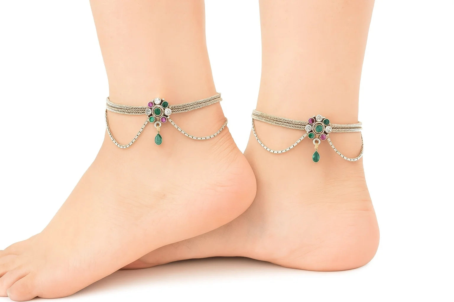 Traditional  Payal with Ruby & Emerald Stone Detailing