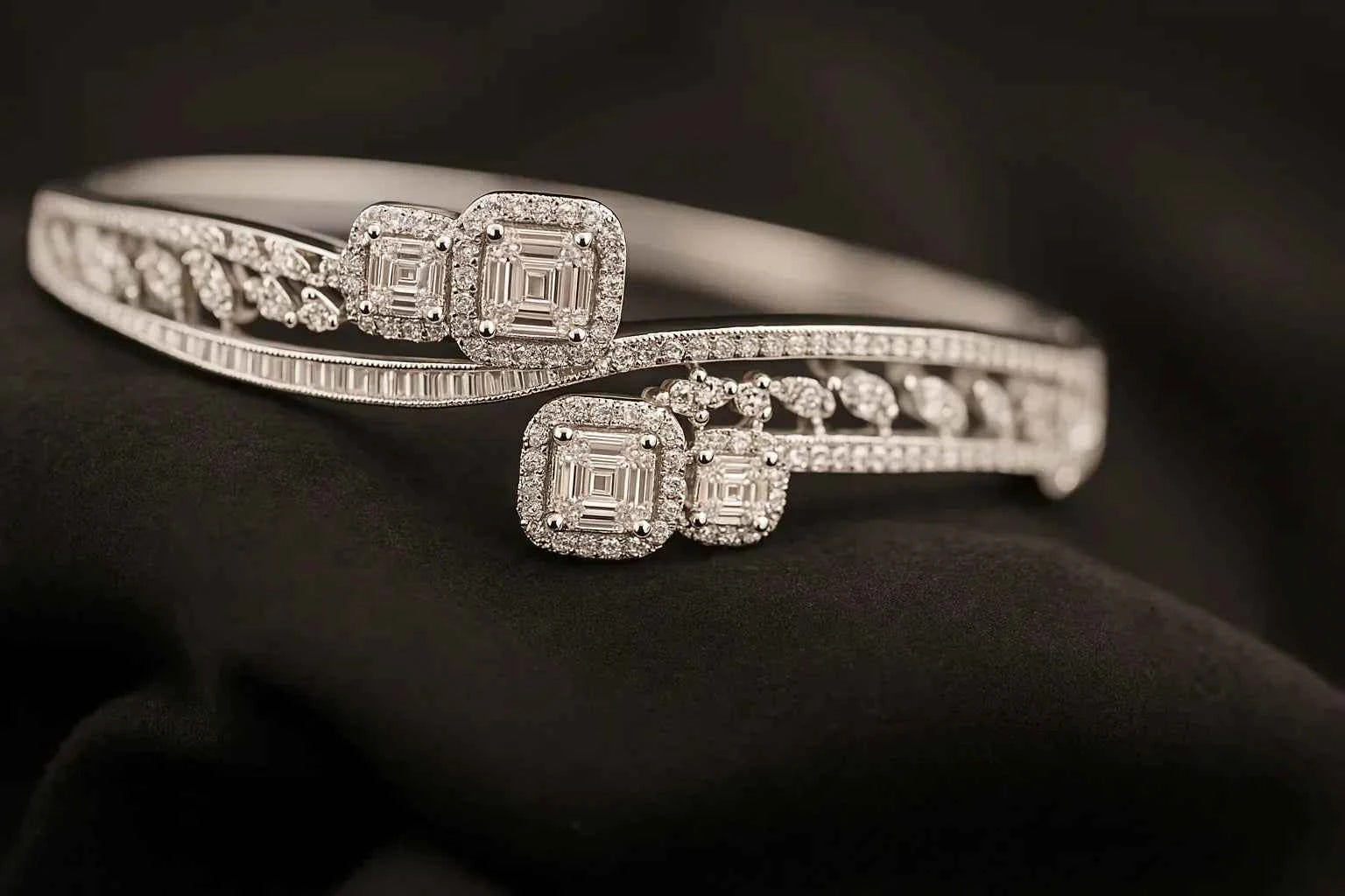 Dual Square Diamond Halo Bangle Bracelet