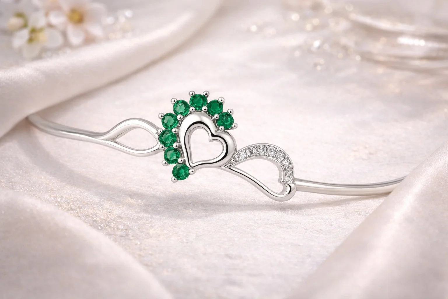 Heart Bracelet with Green Emerald & CZ Detailing