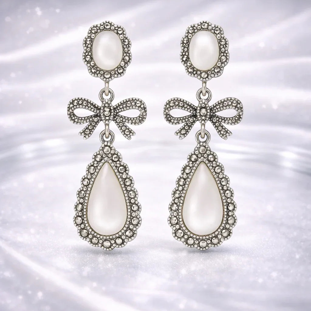 Vintage Marcasite Bow Drop Earrings - Miora